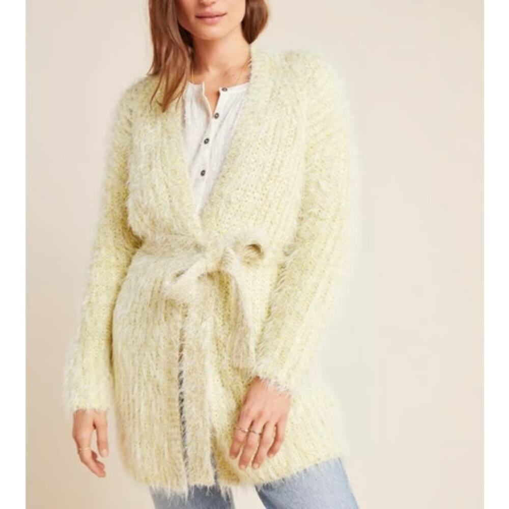 Anthropologie Larkin Shimmer Belted Cardigan‎ Yellow Metallic Eyelash Knit XS